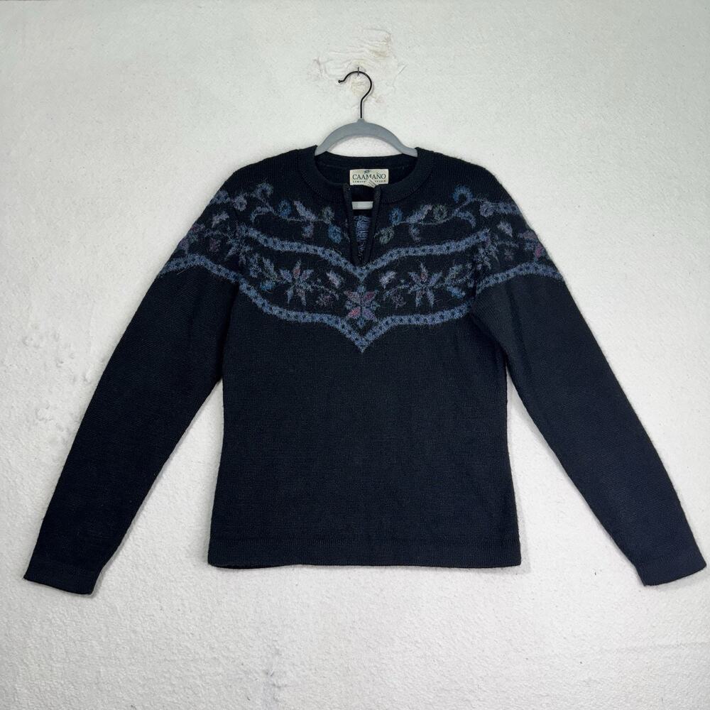 Caamano Limited Edition Peru Alpaca Knit 1/4 Zip Black Sweater Fair Isle Yoke